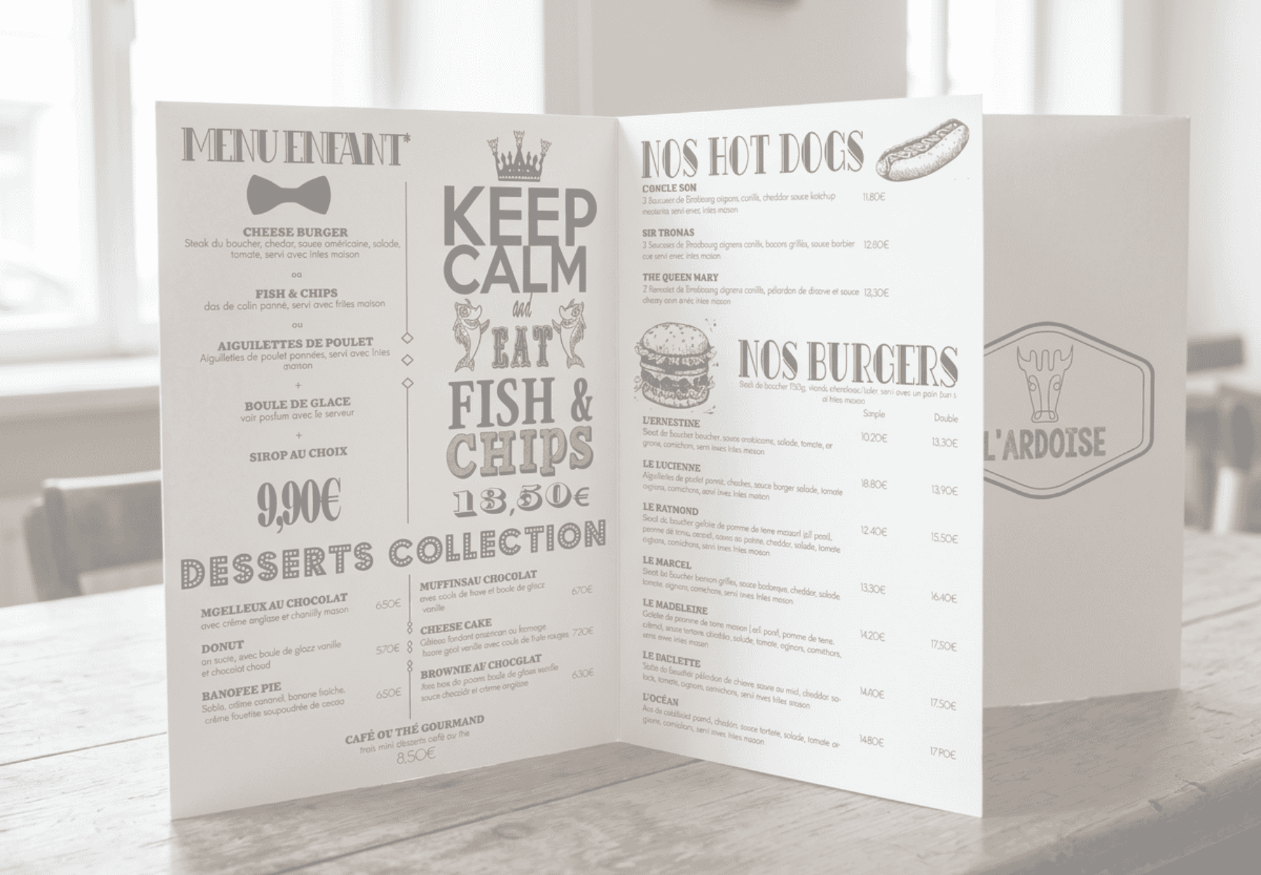 Carte restaurant L'Ardoise menu dépliant — création print graphiste freelance Nîmes