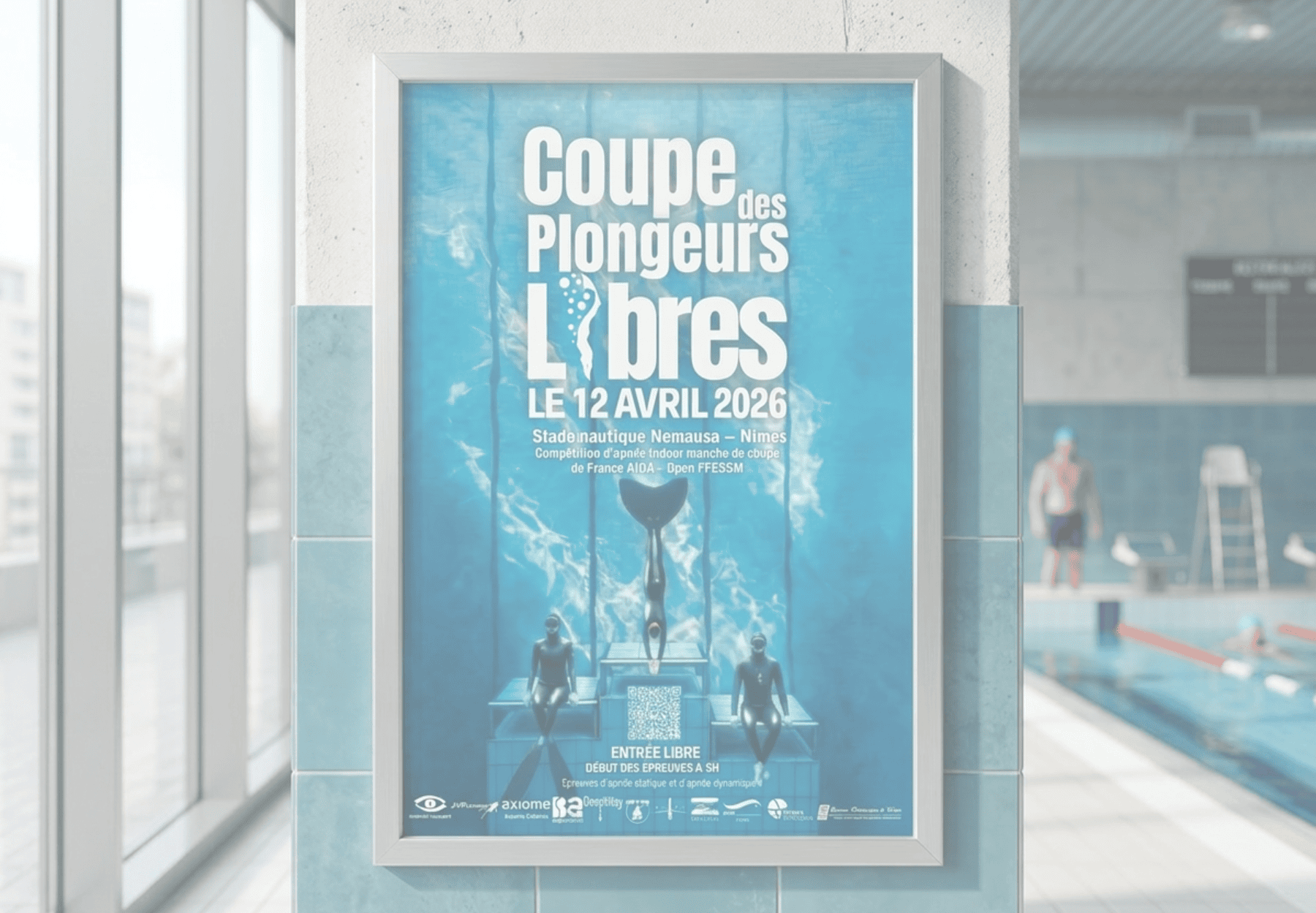 Affiche Coupe des Plongeurs Libres 2026 Nîmes — création événementielle graphiste freelance Nîmes