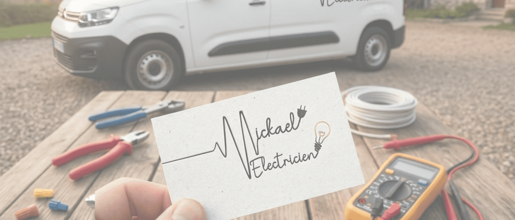 Carte de visite Mickael Electricien mockup — création print graphiste freelance Nîmes