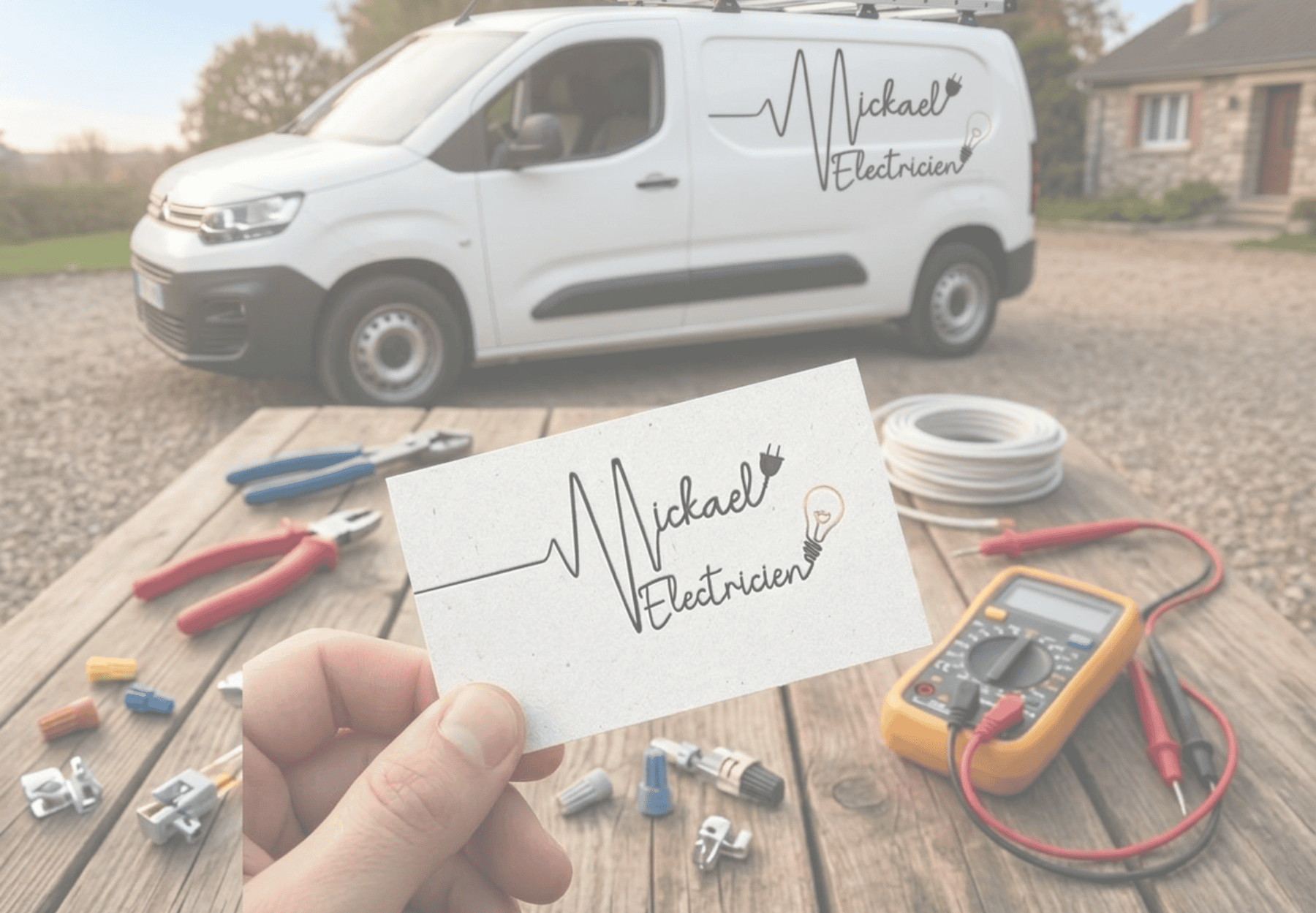 Carte de visite Mickael Electricien mockup — création print graphiste freelance Nîmes